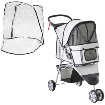 Pawhut Dog Stroller With Cover For Small Miniature Dogs, Folding Cat Pram Dog Pushchair With Cup Holder, Storage Basket, Reflective Strips, Grey