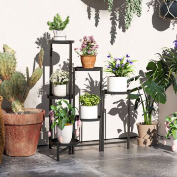 Outsunny 3 Tier Plant Stand Indoor Outdoor, Foldable Corner Plant Stands For Multiple Plants, Metal Round Flower Pot Holder For Patio Garden Balcony Living Room, Black