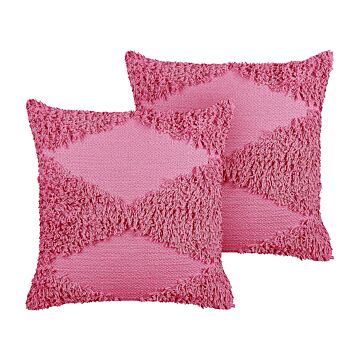 Set Of 2 Decorative Cushions Pink Cotton 45 X 45 Cm Geometric Pattern Boho Decor Accessories Beliani