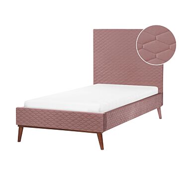 Eu Single Bed Pink Velvet Fabric 3ft Upholstered Frame Headboard Honeycomb Quilted Modern Design Beliani