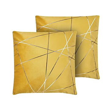 Set Of 2 Scatter Cushions Yellow Velvet 45 X 45 Cm Gold Geometric Pattern Decorative Throw Pillows Removable Covers Zipper Closure Glam Style Beliani