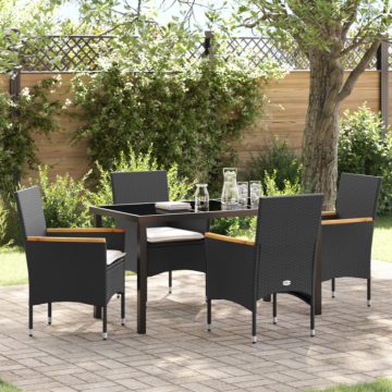 Vidaxl 5 Piece Garden Dining Set With Cushions Black Rattan, Vidaxl Garden Table Black 140x80x73 Cm Tempered Glass