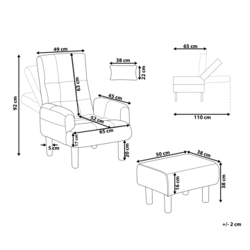 Recliner Chair Grey Fabric 65l X 65w X 92h Cm Ottoman Padded Wooden Legs Beliani