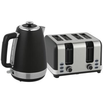 Homcom Stainless Steel Kettle And Toaster Set, 1.7l 3000w Rapid Boil Jug Kettle With Uk Strix Thermostat, Limescale Filter, 4 Slice Toaster With 7 Browning Controls, Crumb Tray, Black And Silver Tone