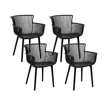 Set Of 4 Dining Chairs Black Plastic Indoor Outdoor Garden With Armrests Minimalistic Style Beliani