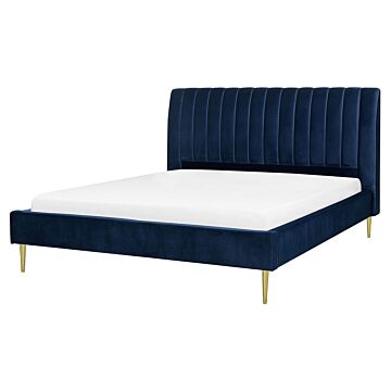 Eu King Size Panel Bed 5ft3 Blue Velvet Slatted Base High Headrest Vintage Beliani