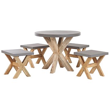 Outdoor Dining Set Grey Light Wood Fibre Cement For 4 People Round Table With Stools Modern Design Beliani