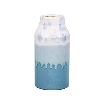 Flower Vase White And Blue Stoneware 25 Cm Waterproof Decorative Home Accessory Tabletop Decor Piece Beliani