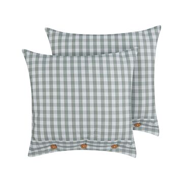 Set Of 2 Decorative Cushions Green And White Chequered Pattern 45 X 45 Cm Buttons Modern Décor Accessories Bedroom Living Room Beliani