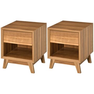 Homcom Modern Bedside Table Nightstand, Living Room End Table, Side Table With Drawer And Shelf, Set Of 2, Walnut Brown