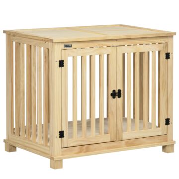 Pawhut Wooden Dog Crate, With Double Doors, Cushion, For Medium Dogs - Natural Finish