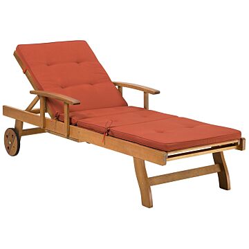 Garden Sun Lounger Light Acacia Wood With Red Cushion Outdoor Weather Resistant Reclining With Wheels Beliani