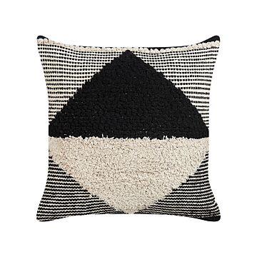Scatter Cushion Beige And Black Cotton 50 X 50 Cm Geometric Pattern Handwoven Removable Cover With Filling Beliani