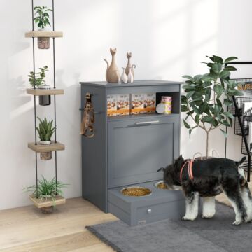 Pawhut Cat Feeding Station, Dog Food Storage Container With Dog Raised Bowls And Hanger For Feeding And Watering Supplies, Grey