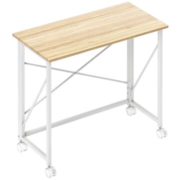 Homcom 80 Cm Folding Desk On Wheels - Natural Tone