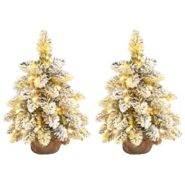 Homcom 1.5ft Mini Artificial Christmas Trees With Lights Set Of 2, Snow Flocked Tabletop Christmas Trees With Base, Battery Operated, Desktop Party Decoration