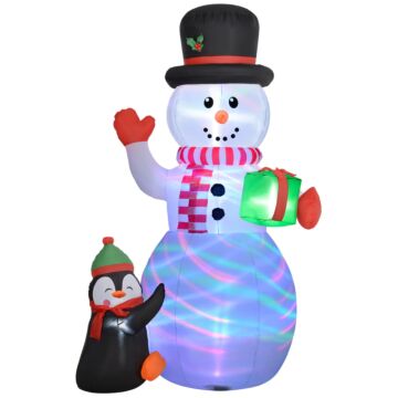 Outsunny 8ft Christmas Inflatable Snowman Holding Gift Box With Penguin, Christmas Blow Up Snowman With Rotating Colorful Led Light For Indoor, Outdoor, Party