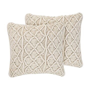 Set Of 2 Decorative Cushions Light Beige Cotton Macramé 45 X 45 Cm Rope Boho Retro Decor Accessories Beliani