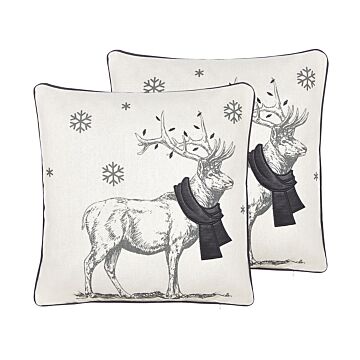 Set Of 2 Scatter Cushions Black Polyester Fabric 45 X 45 Cm Reindeer Print Off-white Background With Filing Beliani