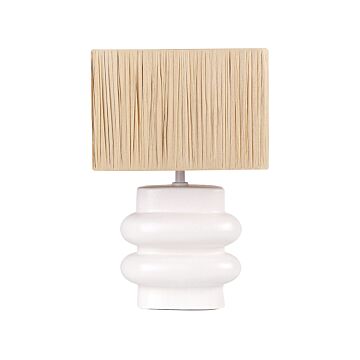 Table Lamp White And Natural Ceramic Paper Pulp Rectangular Shaped Shade Minimalistic Design Beliani