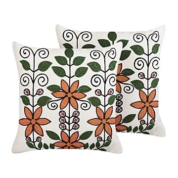 Set Of 2 Scatter Cushions Multicolour Cotton Wool 50 X 50 Cm Floral Pattern Handmade Embroidered Removable Cover With Filling Boho Style Beliani
