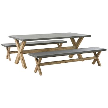 Outdoor Dining Set Grey Fibre Cement Light Acacia Wood 8 People Table 2 Benches Modern Design Beliani
