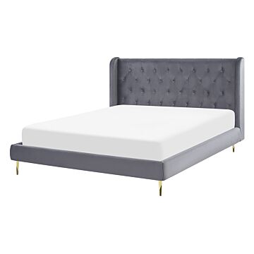 Slatted Bed Frame Grey Velvet Upholstery Eu Double Size 4ft6 Tufted Headboard Modern Design Beliani
