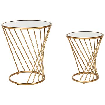 Set Of 2 Nesting Side Table Gold Mirror Tabletop Iron Round Modern End Side Tables For Living Room Beliani