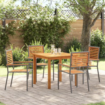 Vidaxl 5 Piece Garden Dining Set Grey Poly Rattan Acacia, Vidaxl Stacking Garden Chairs With Cushions 2 Pcs Grey Poly Rattan