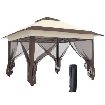 Outsunny 3.6 X 3.6 M Pop Up Gazebo With Netting, Height Adjustable Party Tent Instant Canopy Sun Shade Shelter, Khaki