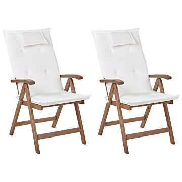 Set Of 2 Garden Chair Dark Acacia Wood Natural With Off-white Cushions Adjustable Foldable Outdoor With Armrests Country Rustic Style Beliani