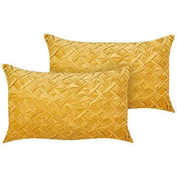 Set Of 2 Decorative Cushions Yellow Velvet 30 X 50 Cm Square Modern Traditional Living Room Bedroom Pillows Beliani