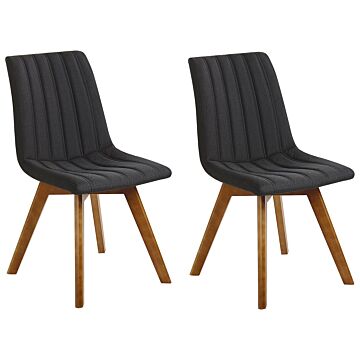 Set Of 2 Chairs Black Polyester Fabric Dark Solid Wood Legs Vertical Padding Curved Back Beliani