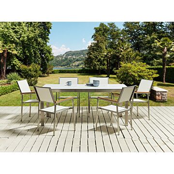Garden Dining Set Marble Effect White Tabletop Glass Stainless Steel Frame White Set Of 6 Chairs Textilene Modern Outdoor Style Beliani