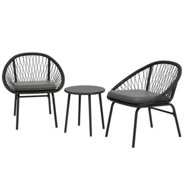 Outsunny 3 Piece Garden Furniture Set With Cushions, Round Pe Rattan Bistro Set W/ 2 Armchairs & Metal Plate Coffee Table Conversation Furniture Sets, Black