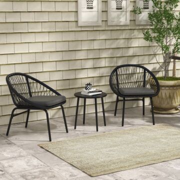 Outsunny 3 Piece Garden Furniture Set With Cushions, Round Pe Rattan Bistro Set W/ 2 Armchairs & Metal Plate Coffee Table