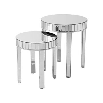 Nest Of 2 Side Tables Silver Mirrored Glass Round Top Glamour Living Room Set Beliani