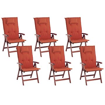 Set Of 6 Garden Chairs Acacia Wood Red Cushion Adjustable Foldable Outdoor Country Rustic Style Beliani