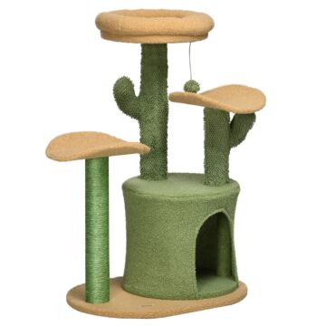Pawhut Cactus Cat Tree, 83cm Cat Climbing Tower, Kitten Activity Centre With Teddy Fleece House, Bed, Sisal Scratching Post And Hanging Ball, Green
