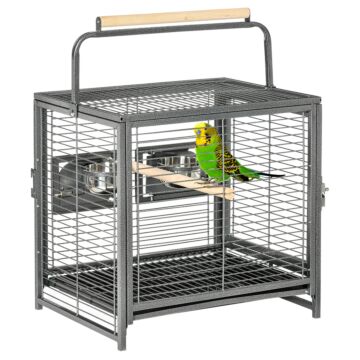 Pawhut Metal Parrot Cage Bird Carrier For Budgie Lovebirds Green Cheek Canary Parakeet Cockatiel Small Parrot Travel Breeding Cage Wooden Perch Black 45.7 X 35.5 X 56 Cm
