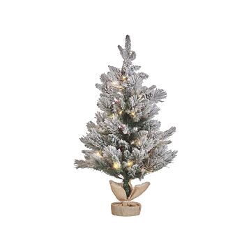 Artificial Christmas Tree Green Synthetic 90 Cm Pre Lit Snow Frosted Flocked Branches Led Fairy Lights Pine Cones Jute Bag Holiday Beliani