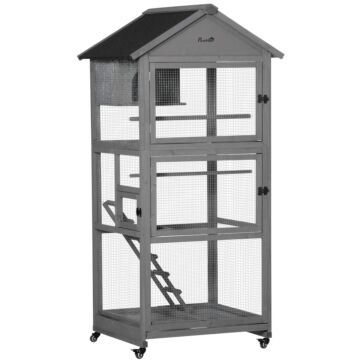 Pawhut Bird Cage Mobile Wooden Aviary House For Canary Cockatiel Parrot With Wheel Perch Nest Ladder Slide-out Tray 86 X 78 X 180cm Dark Grey