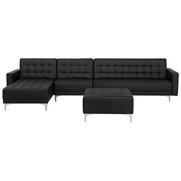 Corner Sofa Bed Black Faux Leather Tufted Modern L-shaped Modular 5 Seater With Ottoman Right Hand Chaise Longue Beliani