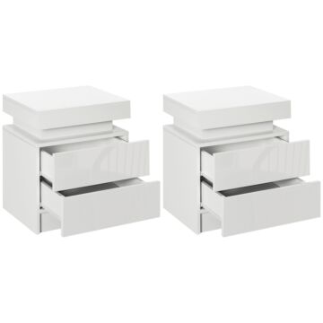 Homcom White Bedside Table With Led Light, High Gloss Front Nightstand With 2 Drawers, For Living Room, Bedroom