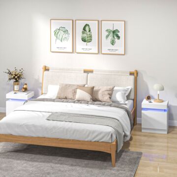 Homcom White Bedside Table With Led Light, High Gloss Front Nightstand With 2 Drawers