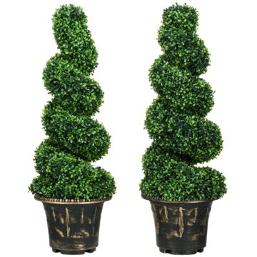 Homcom Set Of 2 Artificial Plants, Topiary Spiral Boxwood Trees With Pot, For Home Indoor Outdoor Decor, 90cm
