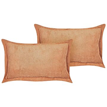 Set Of 2 Orange Decorative Pillows Corduroy 47 X 27 Cm Modern Traditional Living Room Bedroom Cushions Beliani