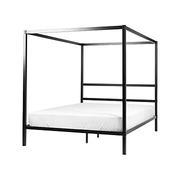 Canopy Bed Frame Black Metal 160 X 200 Cm Double Size Plywood Slats Industrial Minimalist Beliani