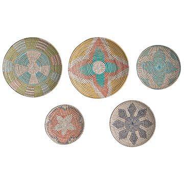 Set Of 5 Wall Decor Multicolour Seagrass Decorative Hanging Plates Baskets Handmade African Style Beliani