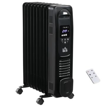 Homcom 2180w Digital Oil Filled Radiator, 9 Fin, Portable Electric Heater With Led Display, Timer 3 Heat Settings Safety Cut-off Remote Control Black